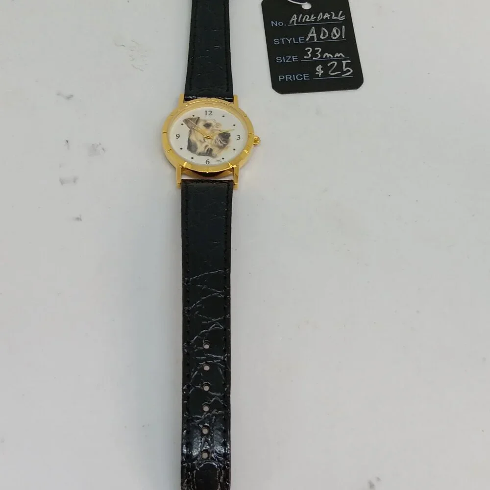 Airedale Terrier 33mm Women's Gold Tone Black Leather Band Dog Watch